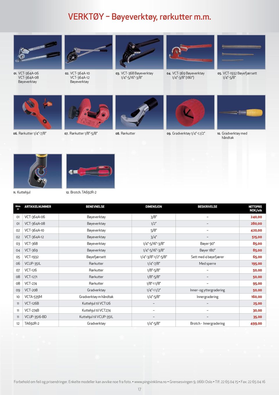 TA69R ARTIKKELNUMMER BENEVNELSE DIMENSJON BESKRIVELSE NETTOPRIS 0 VCT364A06 Bøyeverktøy 3/8 40,00 0 VCT364A08 Bøyeverktøy / 80,00 0 VCT364A0 Bøyeverktøy 5/8 4,00 0 VCT364A Bøyeverktøy 3/4 55,00 03