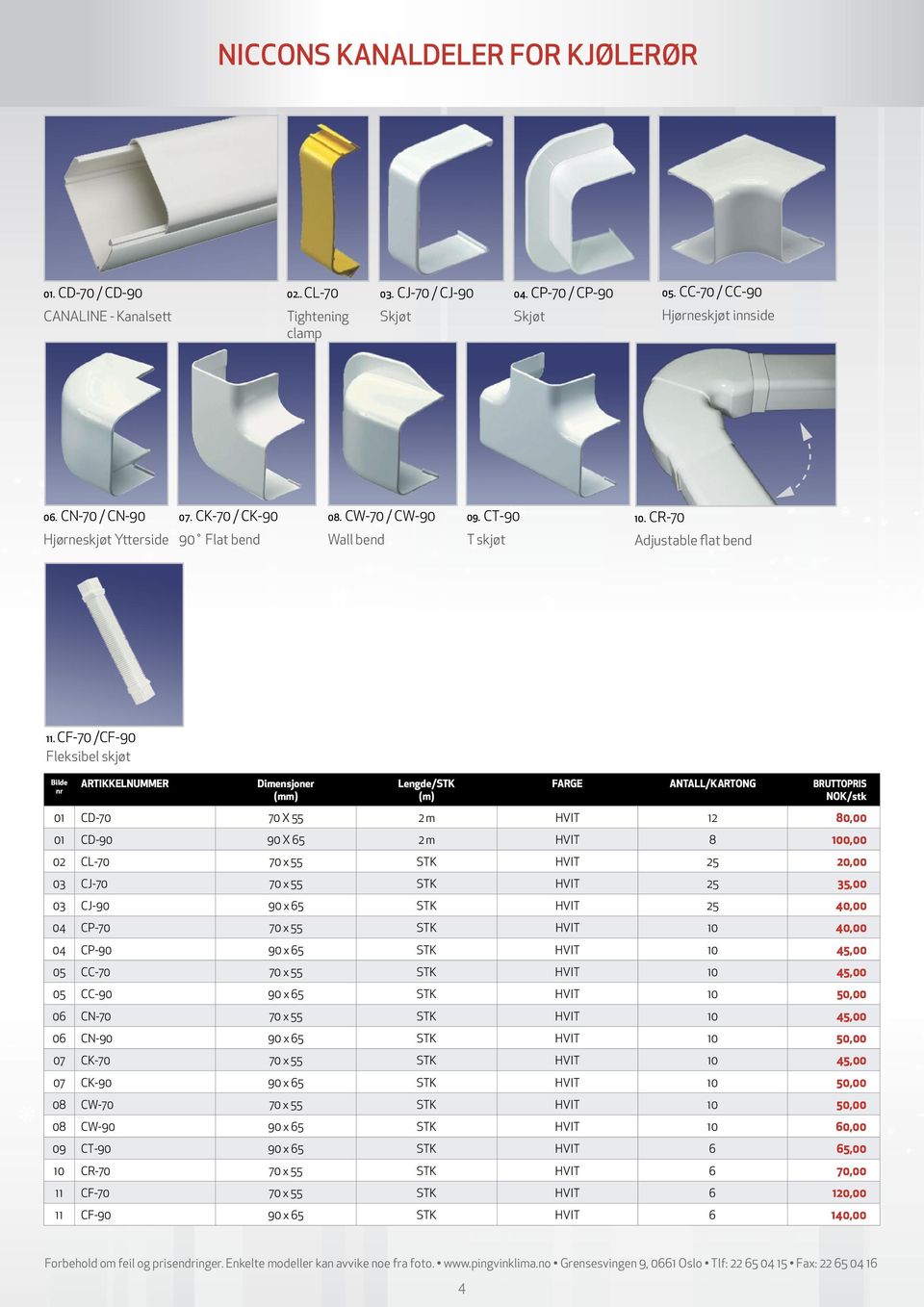 CF70 /CF90 Fleksibel skjøt ARTIKKELNUMMER Dimensjoner Lengde/STK (m) FARGE ANTALL/KARTONG BRUTTOPRIS 0 CD70 70 X 55 m HVIT 80,00 0 CD90 90 X 65 m HVIT 8 00,00 0 CL70 70 x 55 STK HVIT 5,00 03 CJ70 70