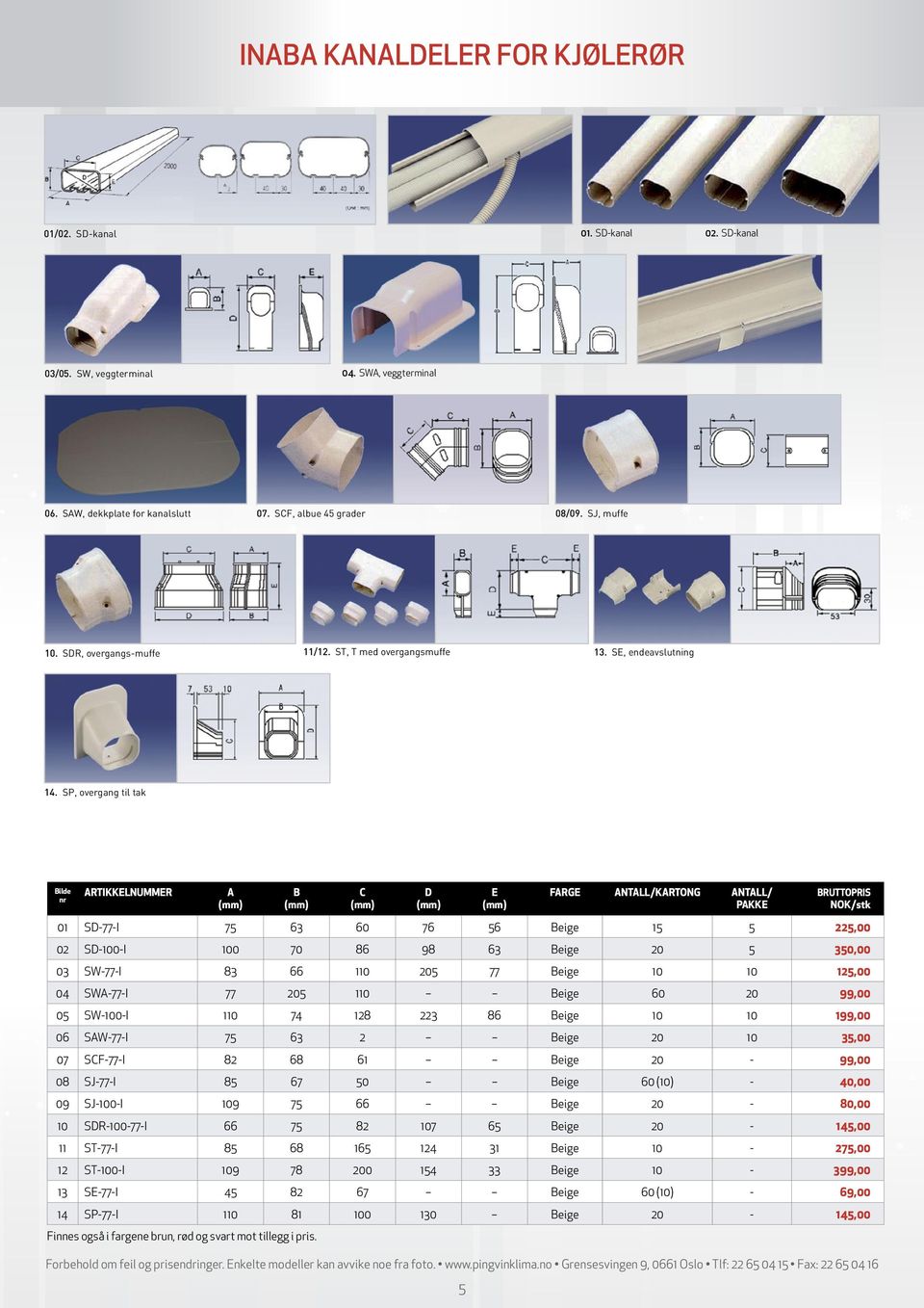 SP, overgang til tak ARTIKKELNUMMER A B C D E FARGE ANTALL/KARTONG ANTALL/ PAKKE 63 60 76 56 5 5 5,00 0 SD77I 75 BRUTTOPRIS 0 SD00I 00 70 86 98 63 5 350,00 03 SW77I 83 66 0 5 77 0 0 5,00 04 SWA77I 77