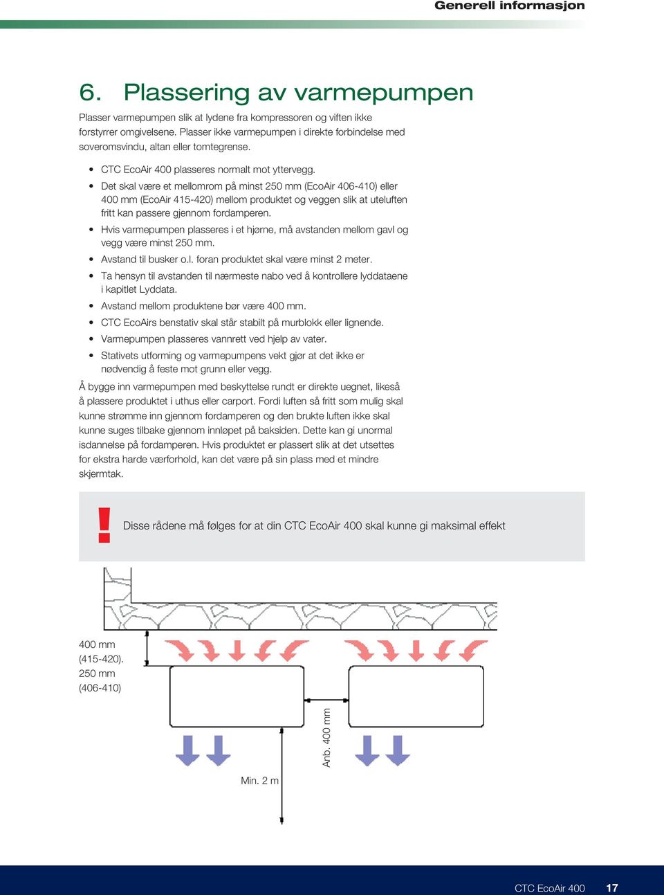 Det skal være et mellomrom på minst 250 mm (EcoAir 406-410) eller 400 mm (EcoAir 415-420) mellom produktet og veggen slik at uteluften fritt kan passere gjennom fordamperen.