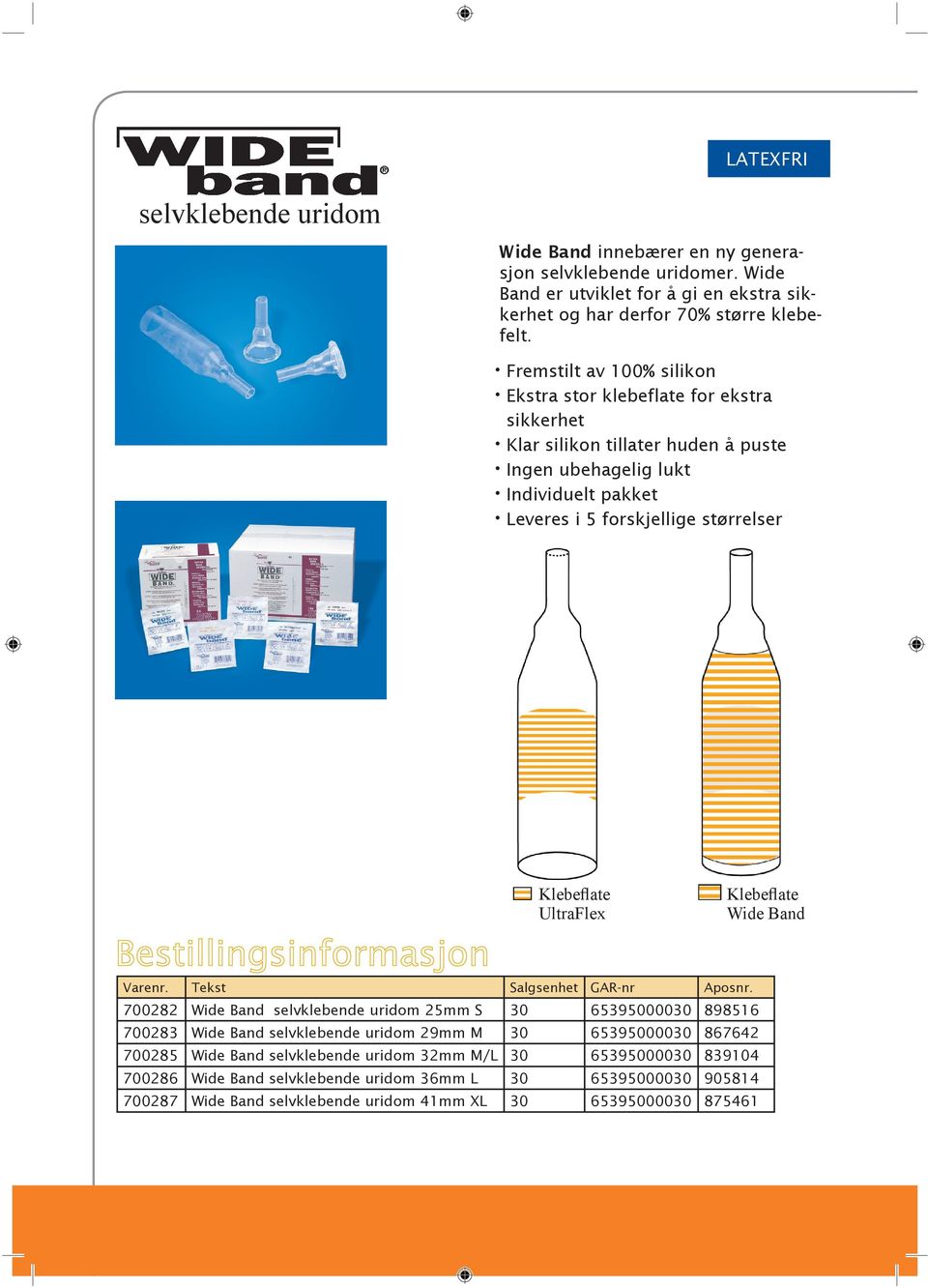 Klebeflate UltraFlex Klebeflate Wide Band 700282 Wide Band selvklebende uridom 25mm S 30 65395000030 898516 700283 Wide Band selvklebende uridom 29mm M 30 65395000030 867642 700285