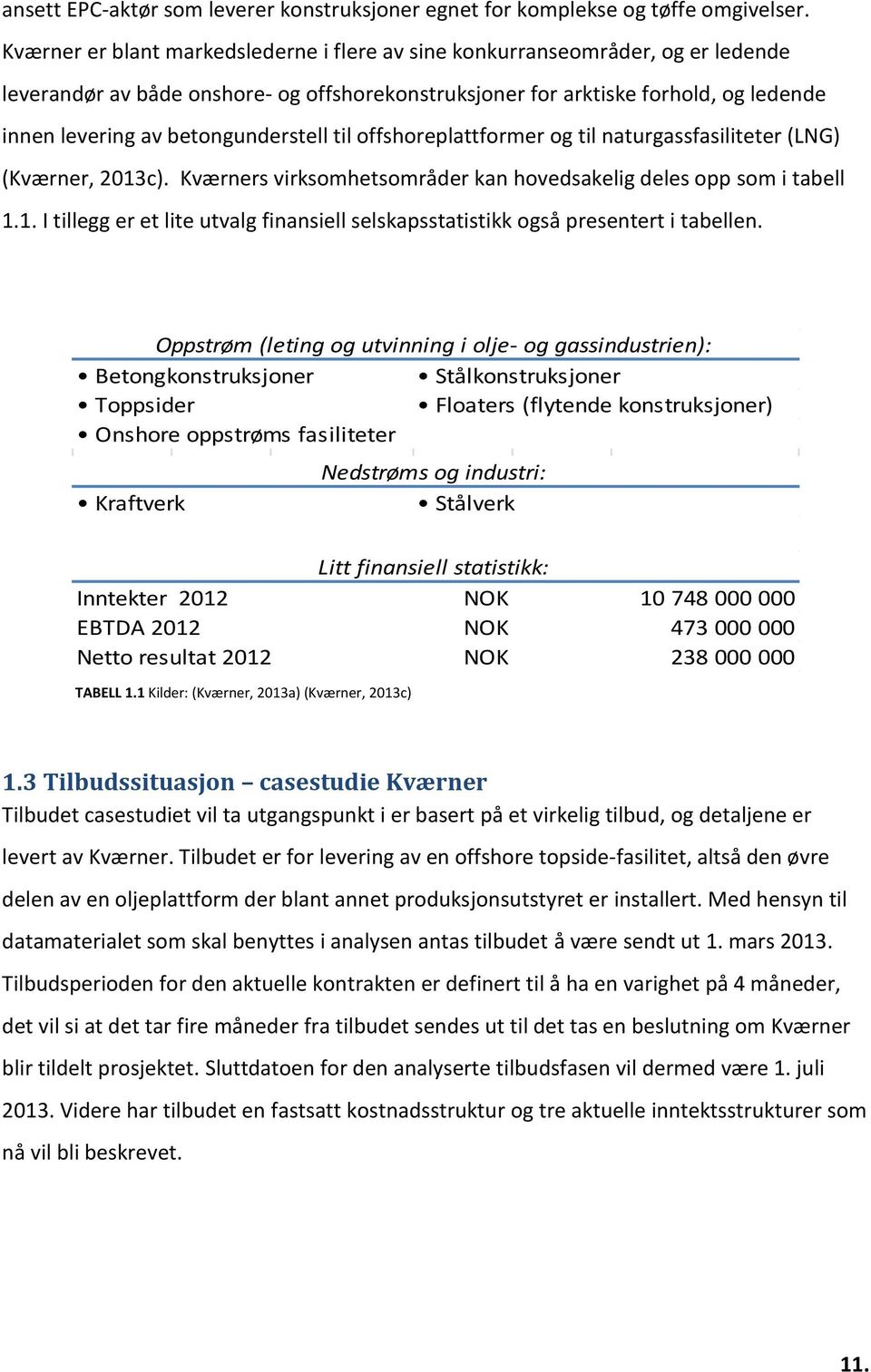 betongunderstell til offshoreplattformer og til naturgassfasiliteter (LNG) (Kværner, 2013c). Kværners virksomhetsområder kan hovedsakelig deles opp som i tabell 1.1. I tillegg er et lite utvalg finansiell selskapsstatistikk også presentert i tabellen.