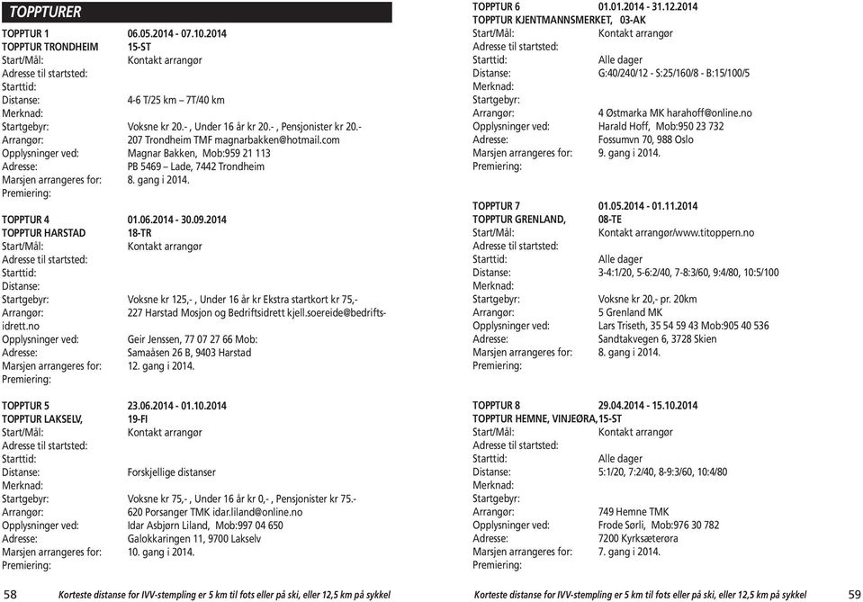 2014 TOPPTUR HARSTAD 18-TR Start/Mål: Kontakt arrangør Distanse: Startgebyr: Voksne kr 125,-, Under 16 år kr Ekstra startkort kr 75,- Arrangør: 227 Harstad Mosjon og Bedriftsidrett kjell.