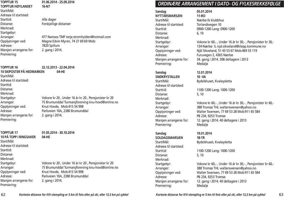 2014 10 SKIPOSTER PÅ HEDMARKEN 04-HE Start/Mål: Distanse: Startgebyr: Voksne kr 20, Under 16 år kr 20, Pensjonister kr 20 Arrangør: 75 Brumunddal Turmarsjforening knu-hovd@online.