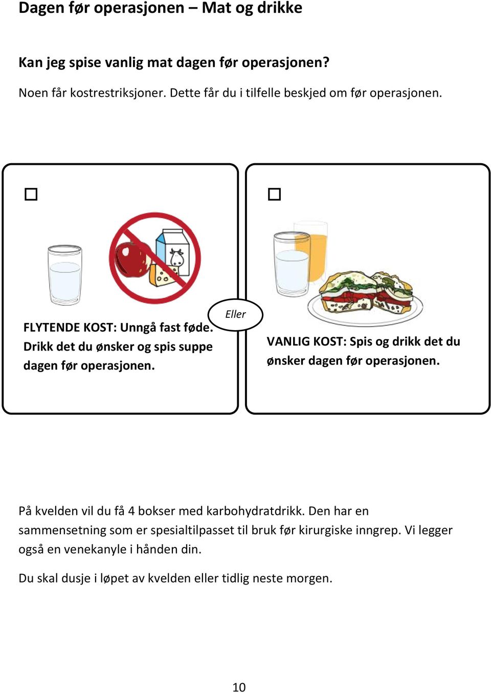 Eller VANLIG KOST: Spis og drikk det du ønsker dagen før operasjonen. På kvelden vil du få 4 bokser med karbohydratdrikk.