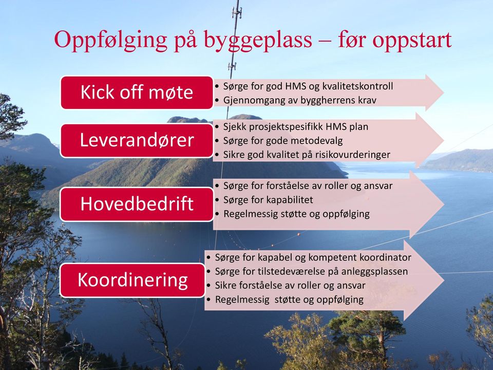 forståelse av roller og ansvar Sørge for kapabilitet Regelmessig støtte og oppfølging Koordinering Sørge for kapabel og