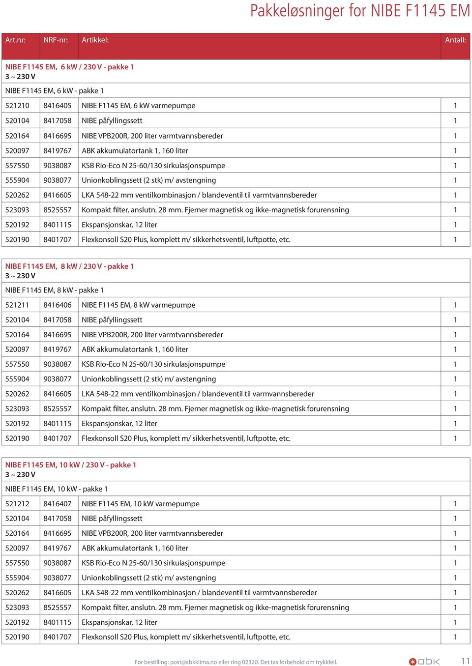 8416695 NIBE VPB200R, 200 liter varmtvannsbereder 1 520097 8419767 ABK akkumulatortank 1, 160 liter 1 557550 9038087 KSB Rio-Eco N 25-60/130 sirkulasjonspumpe 1 555904 9038077 Unionkoblingssett (2