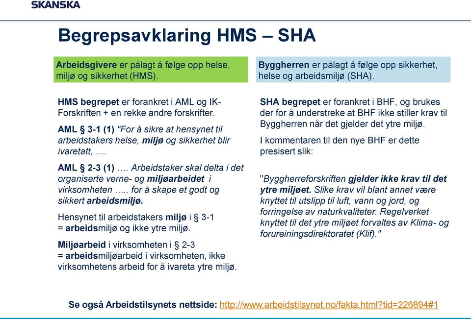 . for å skape et godt og sikkert arbeidsmiljø. Hensynet til arbeidstakers miljø i 3-1 = arbeidsmiljø og ikke ytre miljø.