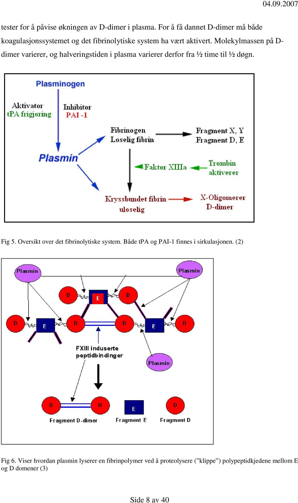 Molekylmassen på D- dimer varierer, og halveringstiden i plasma varierer derfor fra ½ time til ½ døgn. Fig 5.