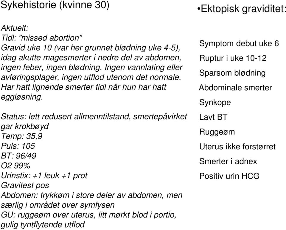 Status: lett redusert allmenntilstand, smertepåvirket går krokbøyd Temp: 35,9 Puls: 105 BT: 96/49 O2 99% Urinstix: +1 leuk +1 prot Gravitest pos Abdomen: trykkøm i store deler av abdomen, men