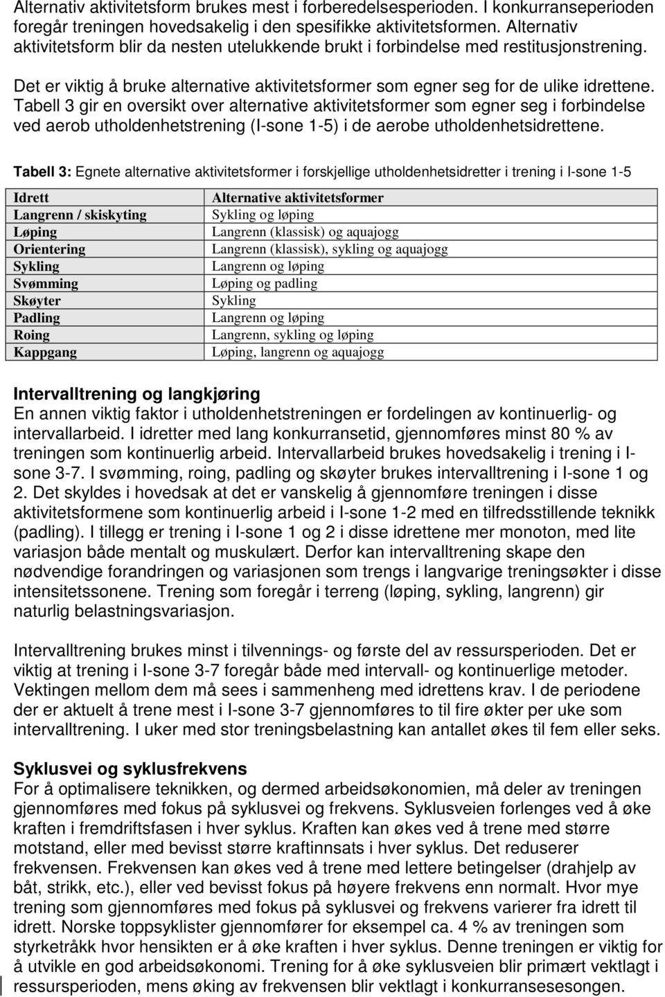 Tabell 3 gir en oversikt over alternative aktivitetsformer som egner seg i forbindelse ved aerob utholdenhetstrening (I-sone 1-5) i de aerobe utholdenhetsidrettene.