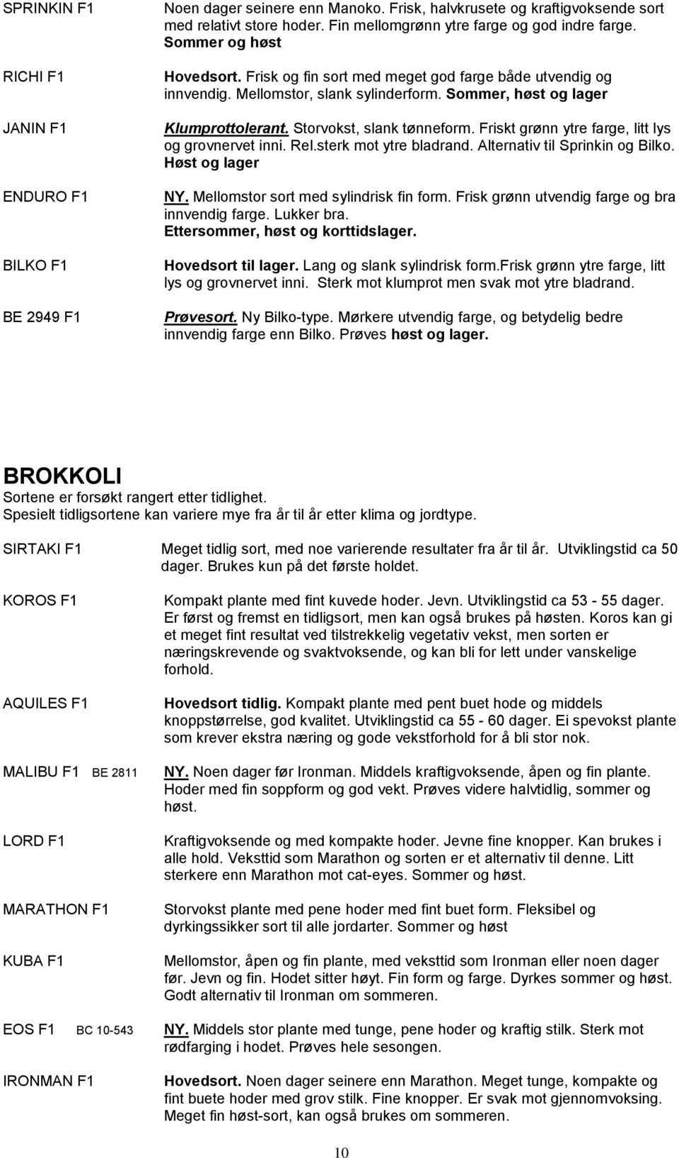 Sommer, høst og lager Klumprottolerant. Storvokst, slank tønneform. Friskt grønn ytre farge, litt lys og grovnervet inni. Rel.sterk mot ytre bladrand. Alternativ til Sprinkin og Bilko.