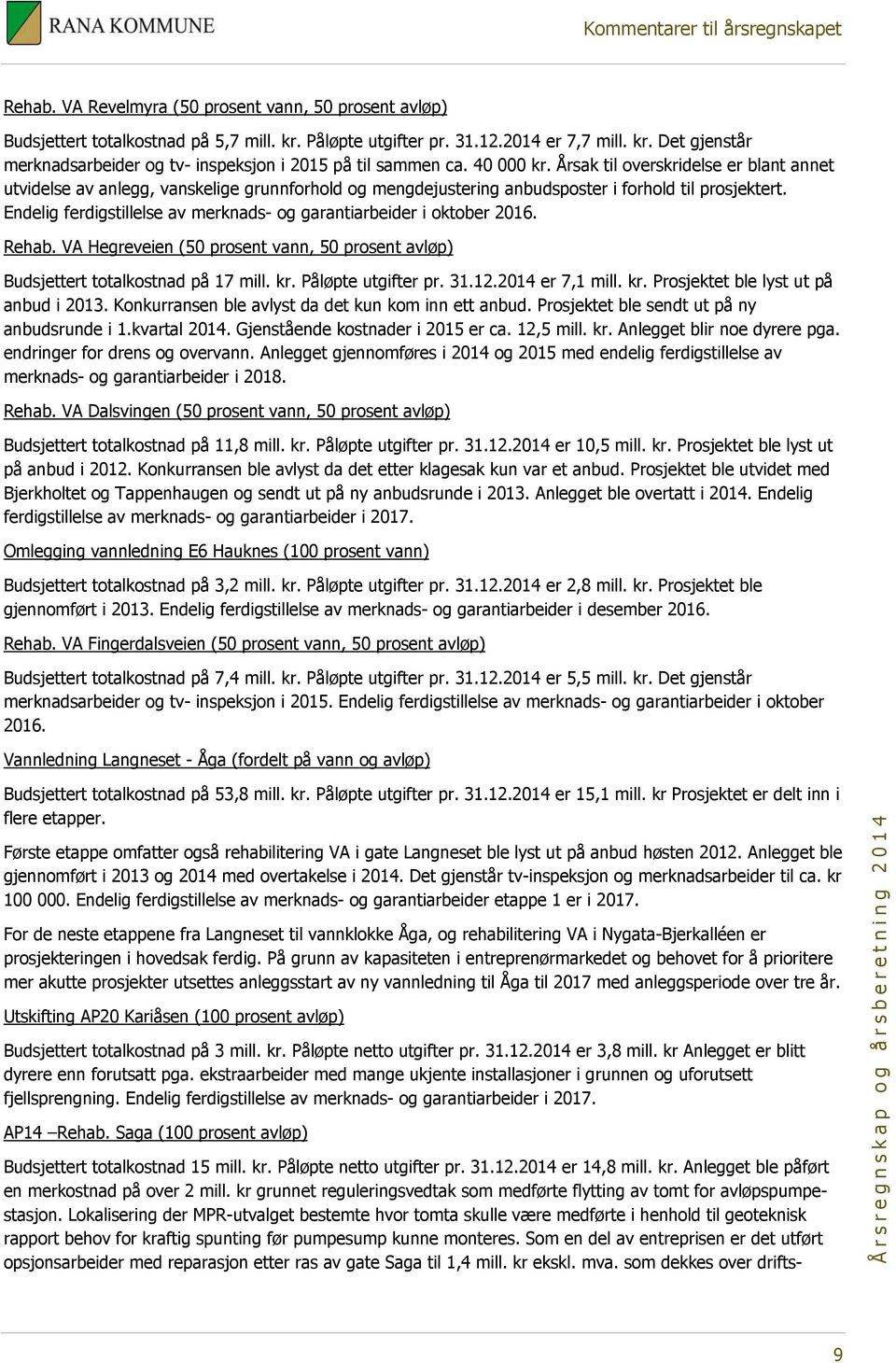 Endelig ferdigstillelse av merknads- og garantiarbeider i oktober 2016. Rehab. VA Hegreveien (50 prosent vann, 50 prosent avløp) Budsjettert totalkostnad på 17 mill. kr. Påløpte utgifter pr. 31.12.