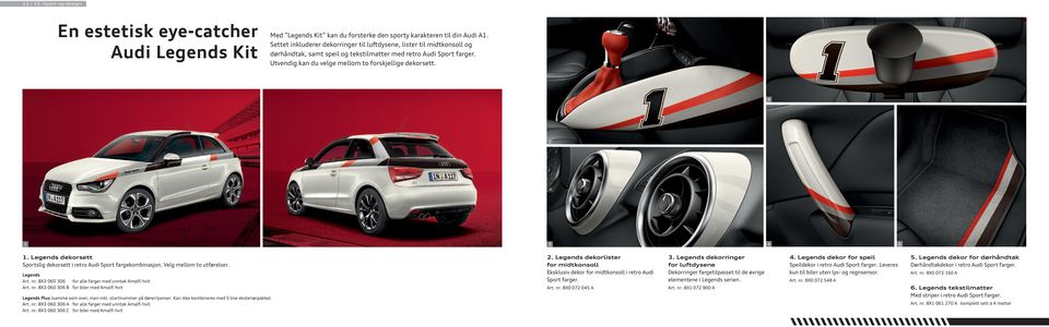 4 3 4 6. Legends dekorsett Sportslig dekorsett i retro Audi Sport fargekombinasjon. Velg mellom to utførelser. Legends Art. nr.