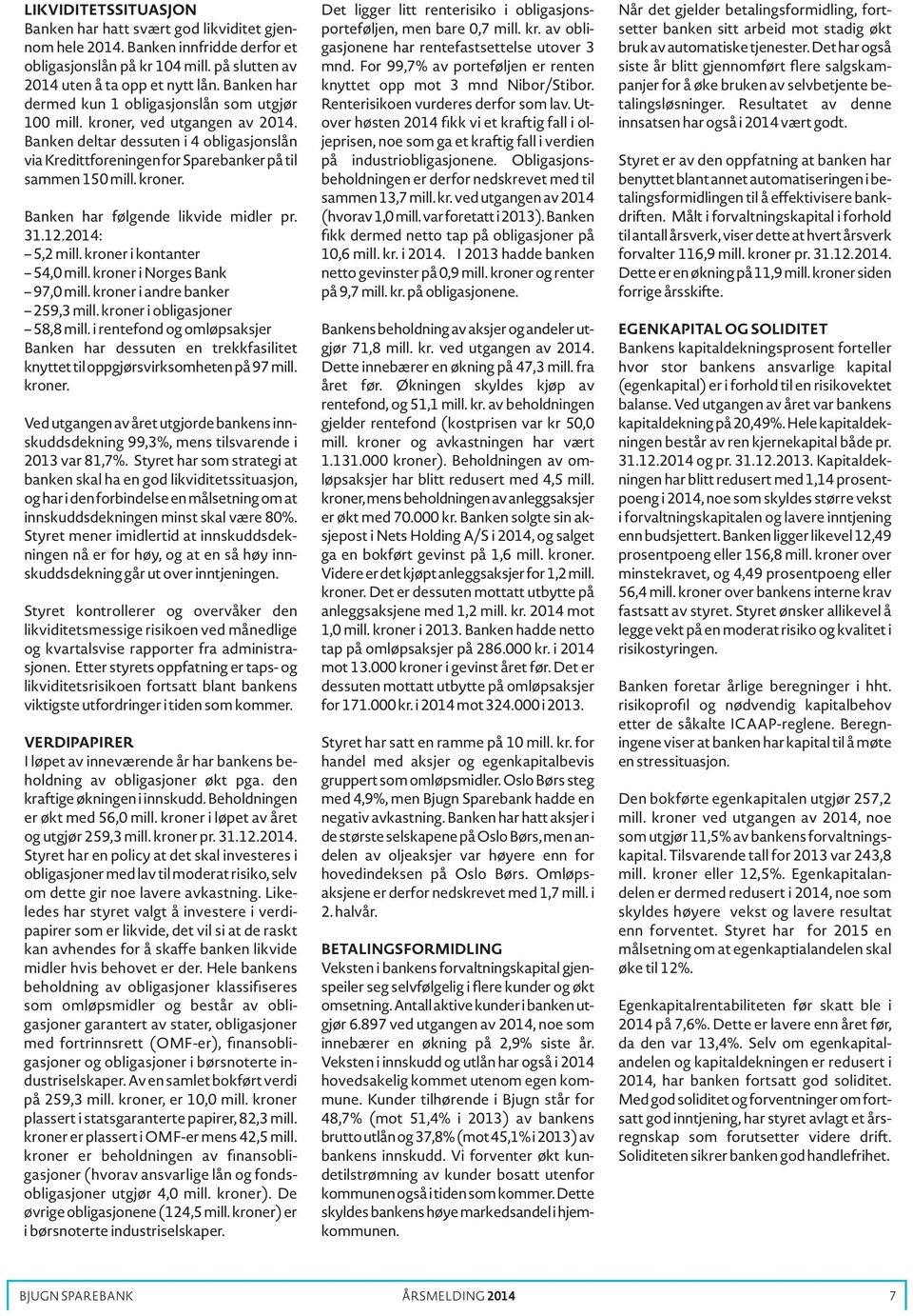 kroner. Banken har følgende likvide midler pr. 31.12.2014: 5,2 mill. kroner i kontanter 54,0 mill. kroner i Norges Bank 97,0 mill. kroner i andre banker 259,3 mill. kroner i obligasjoner 58,8 mill.