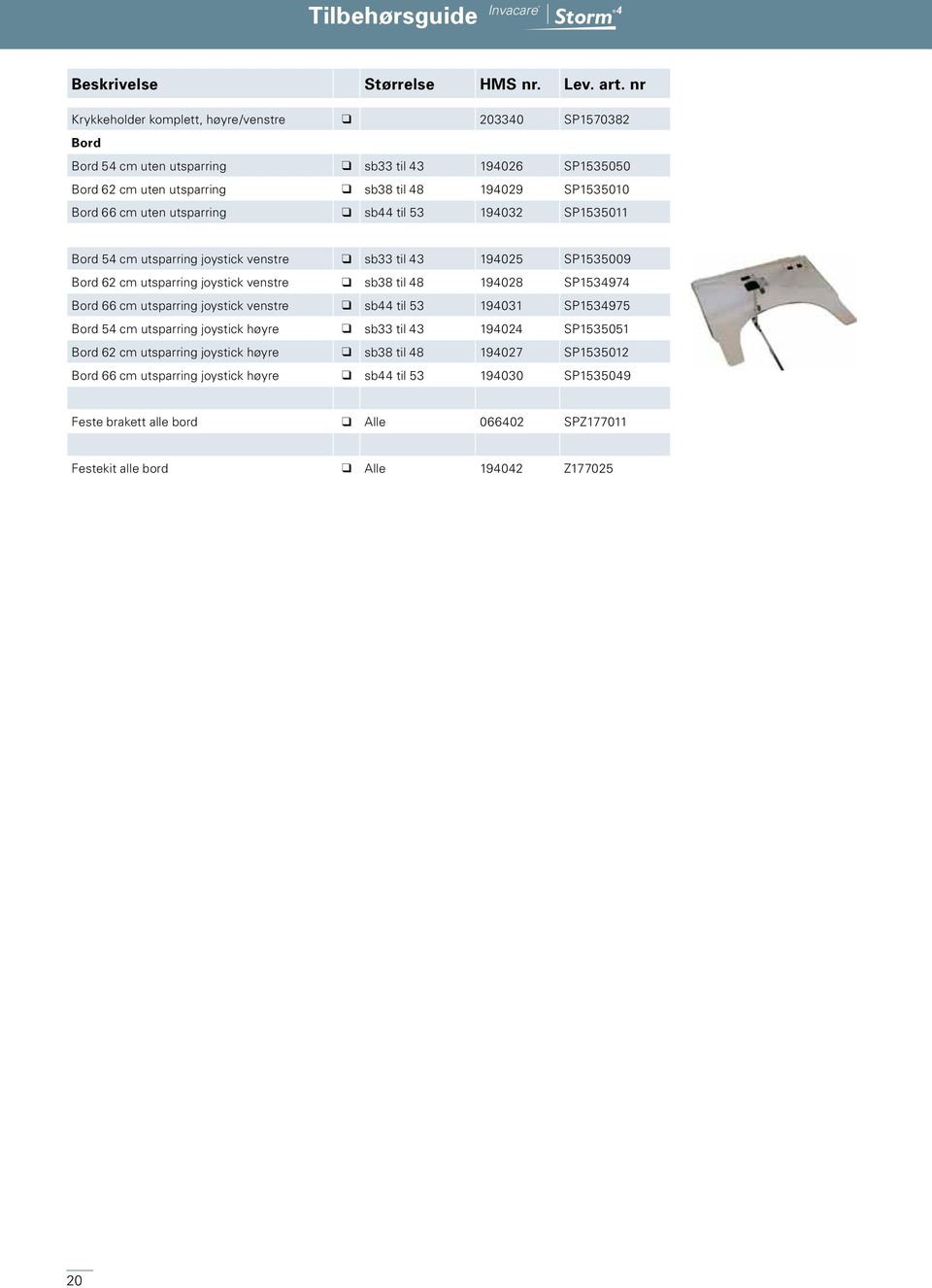 til 48 194028 SP1534974 Bord 66 cm utsparring joystick venstre q sb44 til 53 194031 SP1534975 Bord 54 cm utsparring joystick høyre q sb33 til 43 194024 SP1535051 Bord 62 cm utsparring joystick