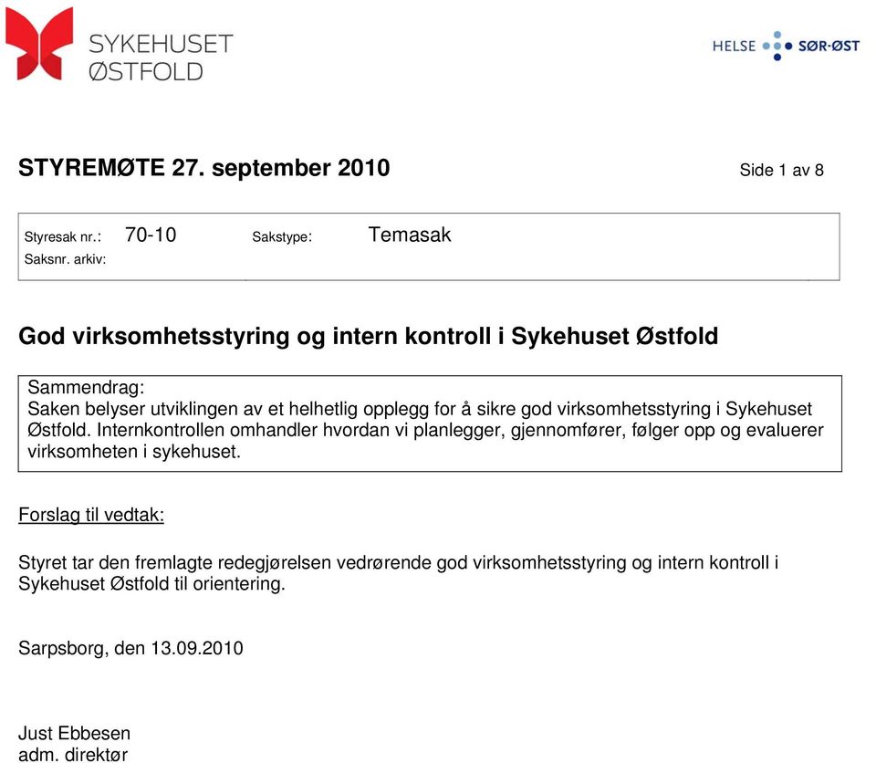 virksomhetsstyring i Sykehuset Østfold.