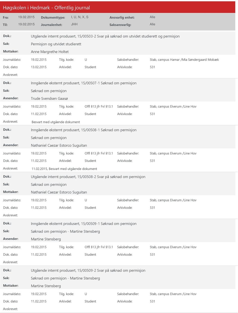 2015 Arkivdel: Student Inngående eksternt produsert, 15/00507-1 Søknad om permisjon Søknad om permisjon Trude Svendsen Gaasø Stab, campus Elverum /Line Hov Dok. dato: 11.02.