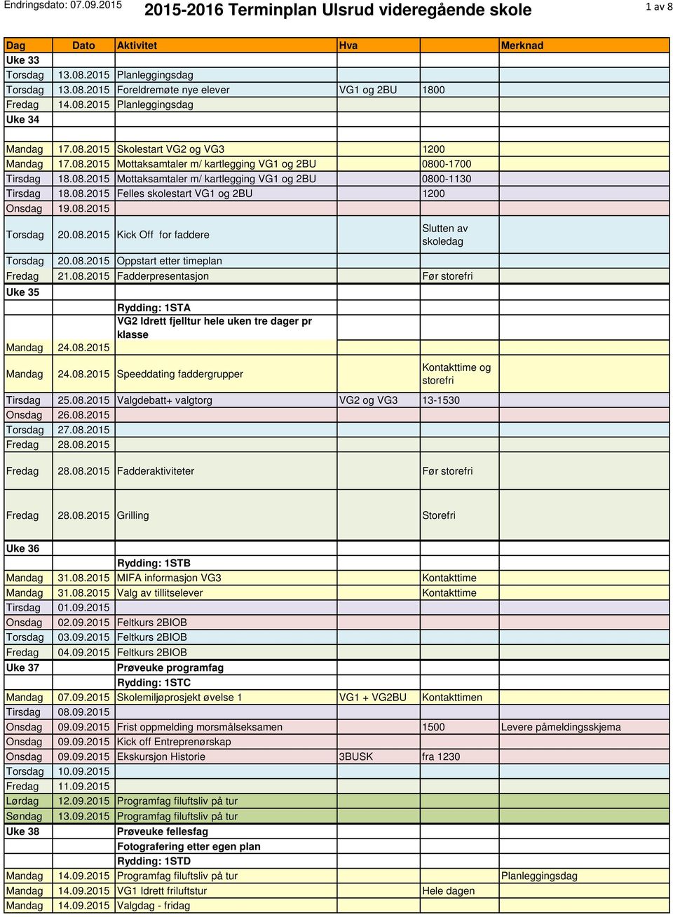 08.2015 Oppstart etter timeplan 21.08.2015 Fadderpresentasjon Før storefri Uke 35 Mandag 24.08.2015 Rydding: 1STA VG2 Idrett fjelltur hele uken tre dager pr klasse Mandag 24.08.2015 Speeddating faddergrupper Kontakttime og storefri Tirsdag 25.