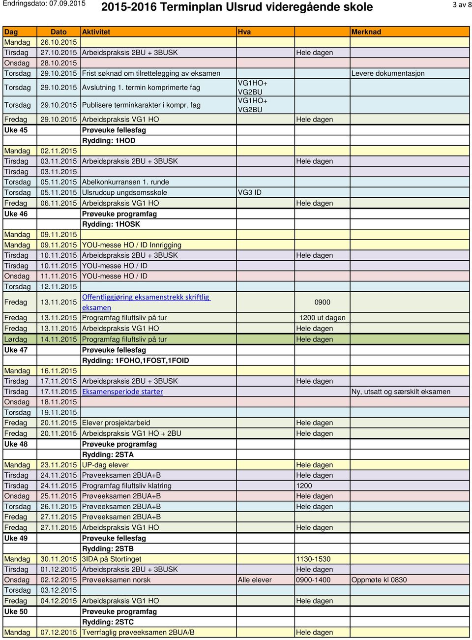 11.2015 Arbeidspraksis 2BU + 3BUSK Hele dagen Tirsdag 03.11.2015 Torsdag 05.11.2015 Abelkonkurransen 1. runde Torsdag 05.11.2015 Ulsrudcup ungdsomsskole VG3 ID 06.11.2015 Arbeidspraksis VG1 HO Hele dagen Uke 46 Rydding: 1HOSK Mandag 09.