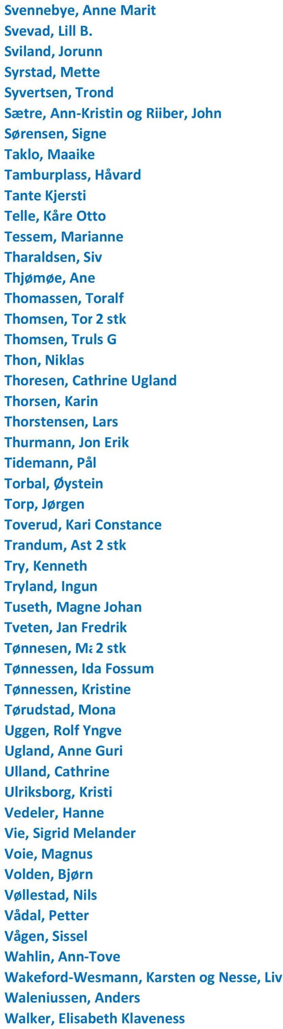 Thjømøe, Ane Thomassen, Toralf Thomsen, Toril/Peter 2 stk Tang Thomsen, Truls G Thon, Niklas Thoresen, Cathrine Ugland Thorsen, Karin Thorstensen, Lars Thurmann, Jon Erik Tidemann, Pål Torbal,