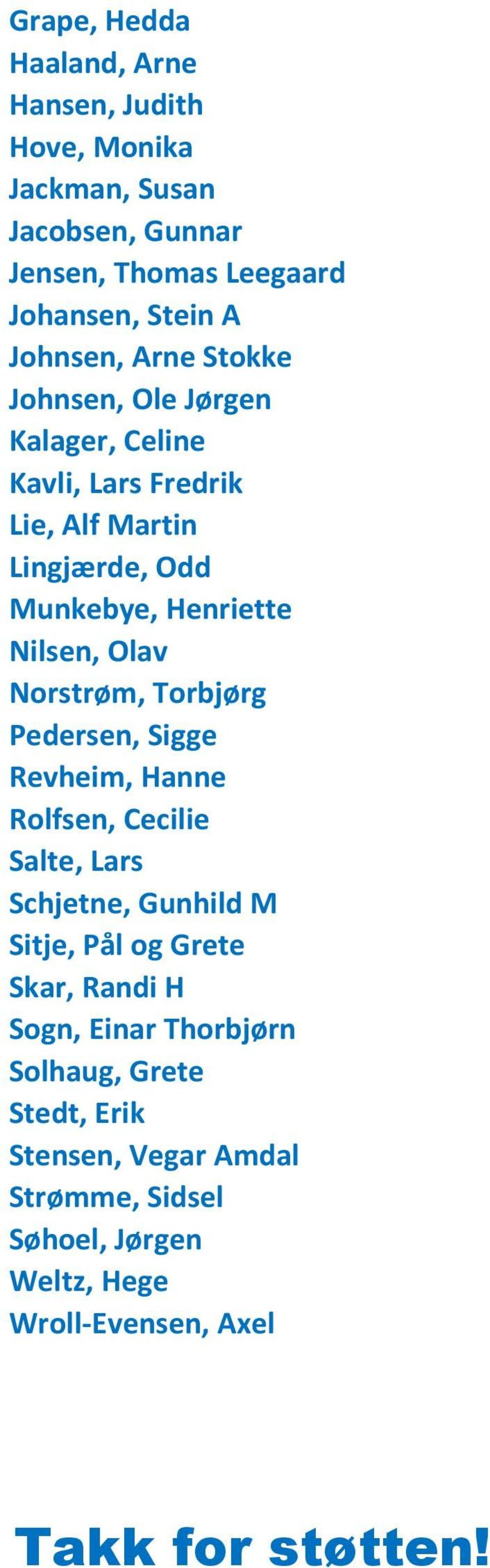 Norstrøm, Torbjørg Pedersen, Sigge Revheim, Hanne Rolfsen, Cecilie Salte, Lars Schjetne, Gunhild M Sitje, Pål og Grete Skar, Randi H Sogn,