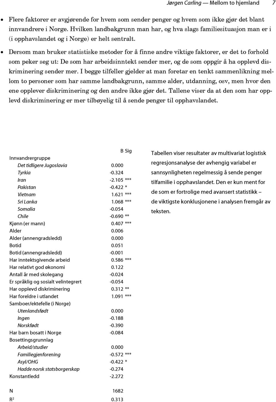 Dersom man bruker statistiske metoder for å finne andre viktige faktorer, er det to forhold som peker seg ut: De som har arbeidsinntekt sender mer, og de som oppgir å ha opplevd diskriminering sender