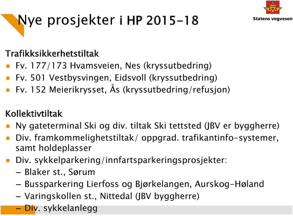 152 Meierikrysset, Ås (kryssutbedring/refusjon) Kollektivtiltak Ny gateterminal Ski og div. tiltak Ski tettsted (JBV er byggherre) Div.