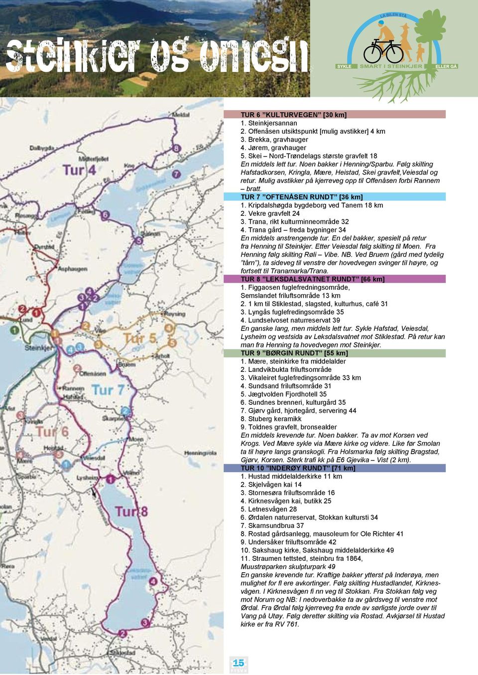 Mulig avstikker på kjerreveg opp til Offenåsen forbi Rannem bratt. TUR 7 OFTENÅSEN RUNDT [36 km] 1. Kripdalshøgda bygdeborg ved Tanem 18 km 2. Vekre gravfelt 24 3. Trana, rikt kulturminneområde 32 4.