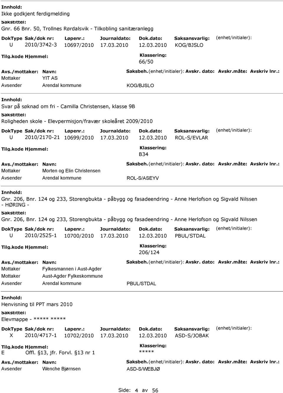 Elevpermisjon/fravær skoleåret 2009/2010 2010/2170-21 10699/2010 ROL-S/EVLAR B34 Morten og Elin Christensen ROL-S/ASEYV Gnr. 206, Bnr.