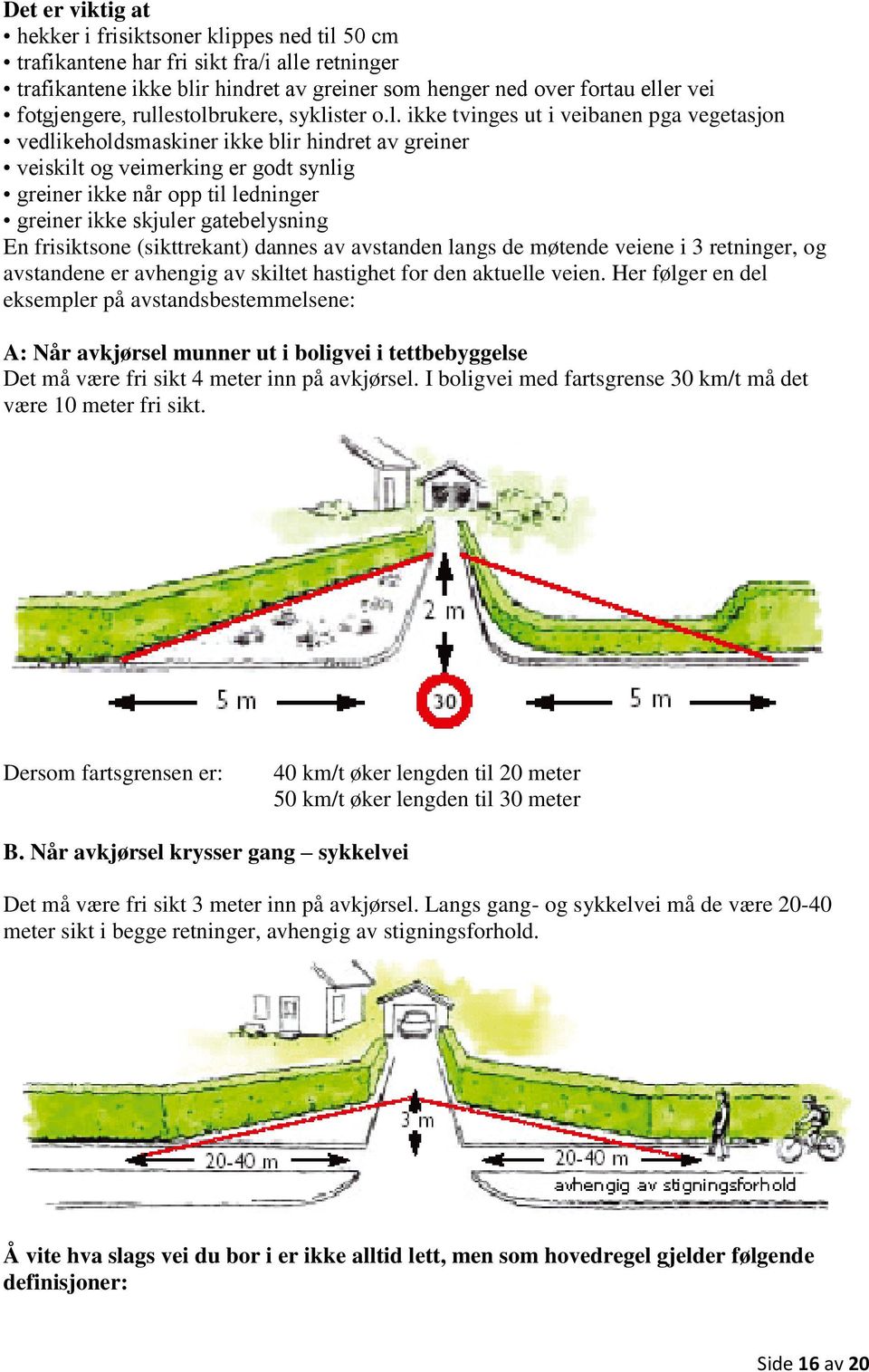 greiner ikke skjuler gatebelysning En frisiktsone (sikttrekant) dannes av avstanden langs de møtende veiene i 3 retninger, og avstandene er avhengig av skiltet hastighet for den aktuelle veien.