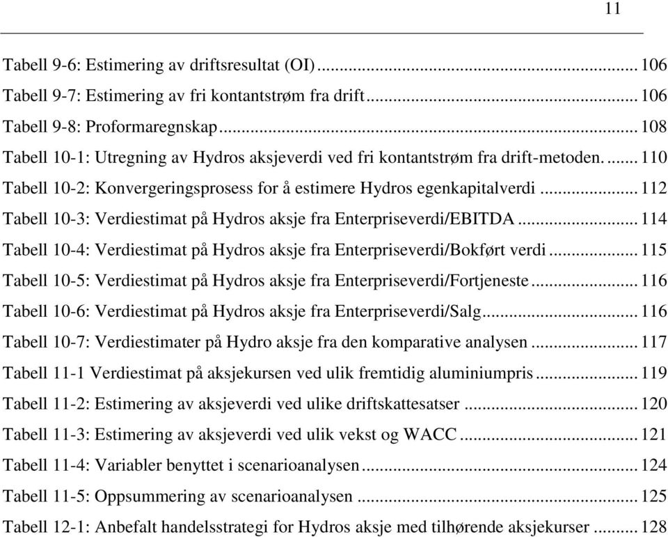 .. 112 Tabell 10-3: Verdiestimat på Hydros aksje fra Enterpriseverdi/EBITDA... 114 Tabell 10-4: Verdiestimat på Hydros aksje fra Enterpriseverdi/Bokført verdi.