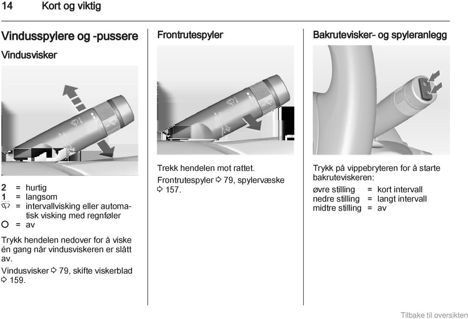 slått av. Vindusvisker 3 79, skifte viskerblad 3 159. Trekk hendelen mot rattet. Frontrutespyler 3 79, spylervæske 3 157.