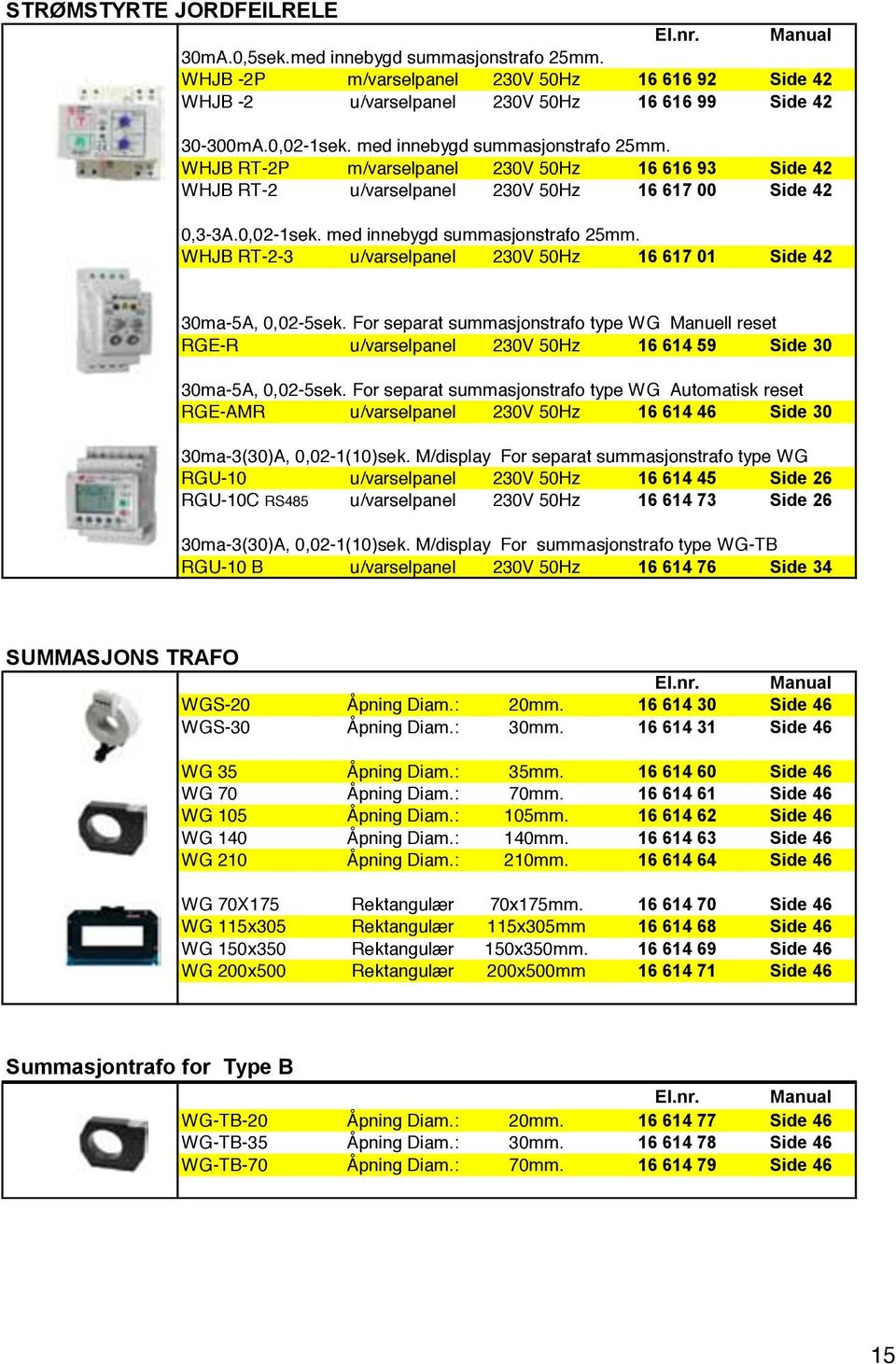 For separat summasjonstrafo type WG Manuell reset RGE-R u/varselpanel 230V 50Hz 16 614 59 side 30 30ma-5A, 0,02-5sek.