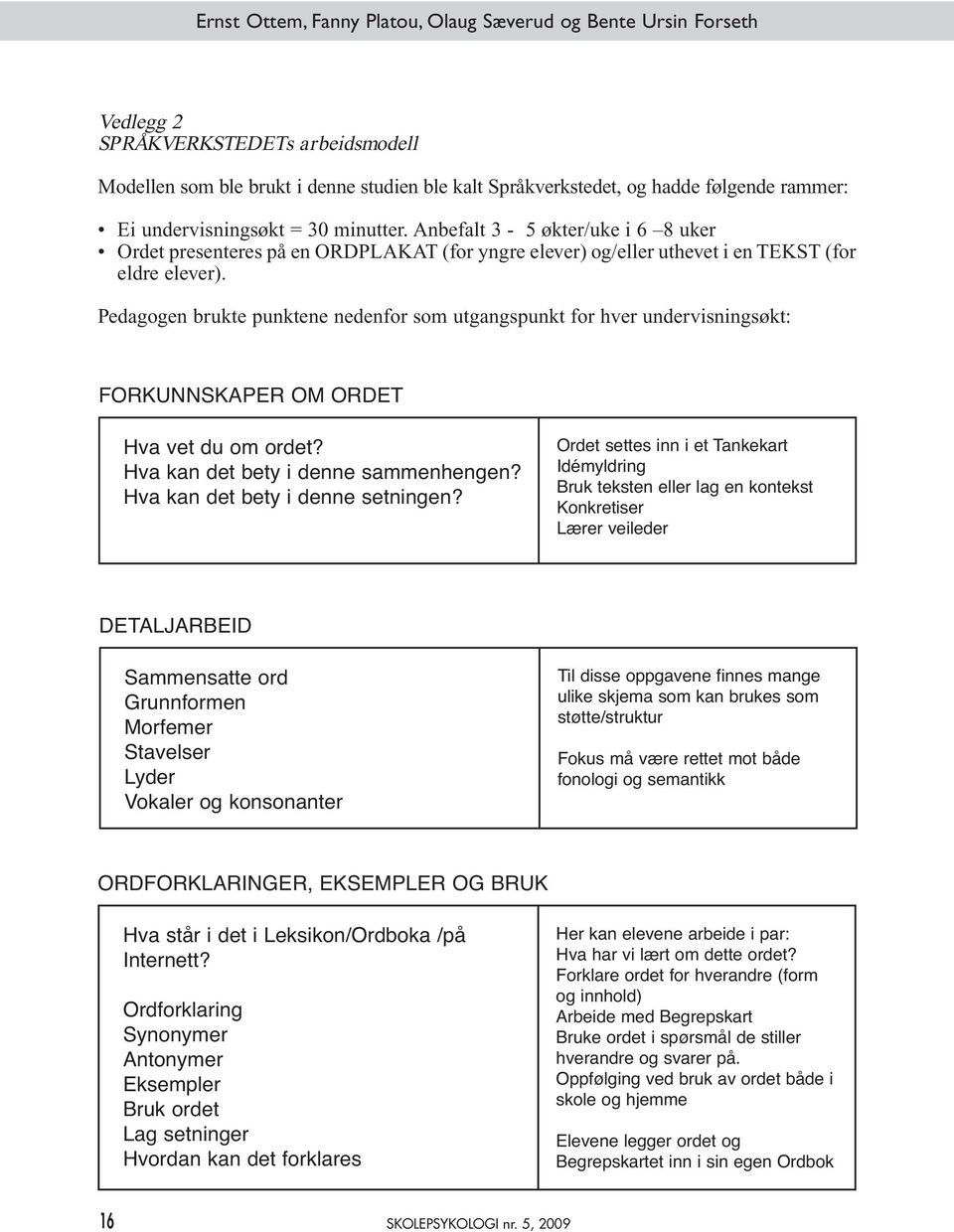 Pedagogen brukte punktene nedenfor som utgangspunkt for hver undervisningsøkt: FORKUNNSKAPER OM ORDET Hva vet du om ordet? Hva kan det bety i denne sammenhengen? Hva kan det bety i denne setningen?