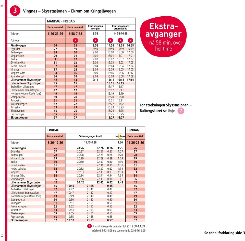 Vingnes Gård Strandtorget Lillehammer Brannstasjon Nordsetervegen (Røde Kors) Stampesletta Randgård Kvernhusvegen Kirkestien Blestervegen Fagstadmyra Ekromskogen 6:-: 5:-7: 08 Ekstraavgang morgen 8: