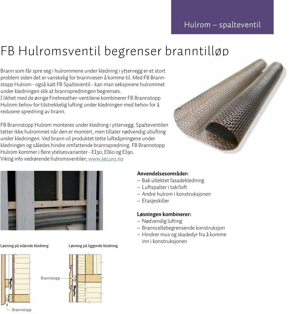 I likhet med de øvrige Firebreather-ventilene kombinerer FB Brannstopp Hulrom behov for tilstrekkelig lufting under kledningen med behov for å redusere spredning av brann.