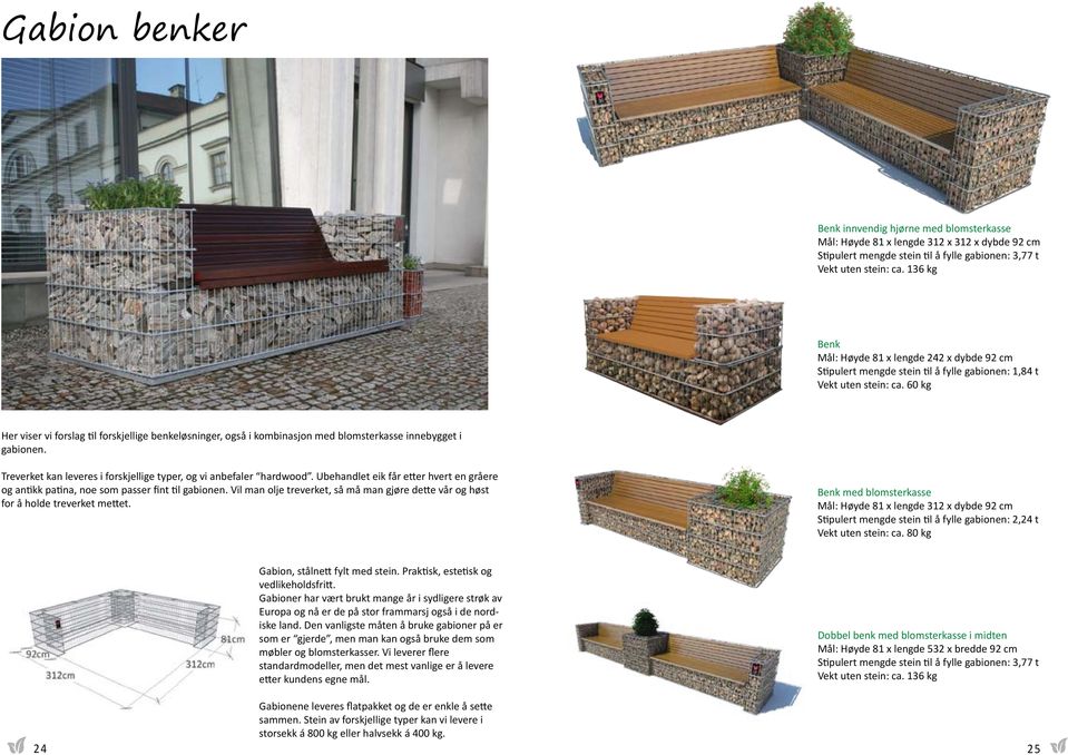 60 kg Her viser vi forslag til forskjellige benkeløsninger, også i kombinasjon med blomsterkasse innebygget i gabionen. Treverket kan leveres i forskjellige typer, og vi anbefaler hardwood.