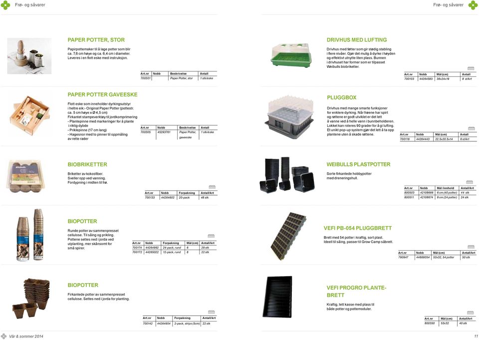 Bunnen i drivhuset har former som er tilpasset Weibulls biobriketter. Art.nr Nobb Beskrivelse Antall 700301 Paper Potter, stor 1 stk/eske Art.