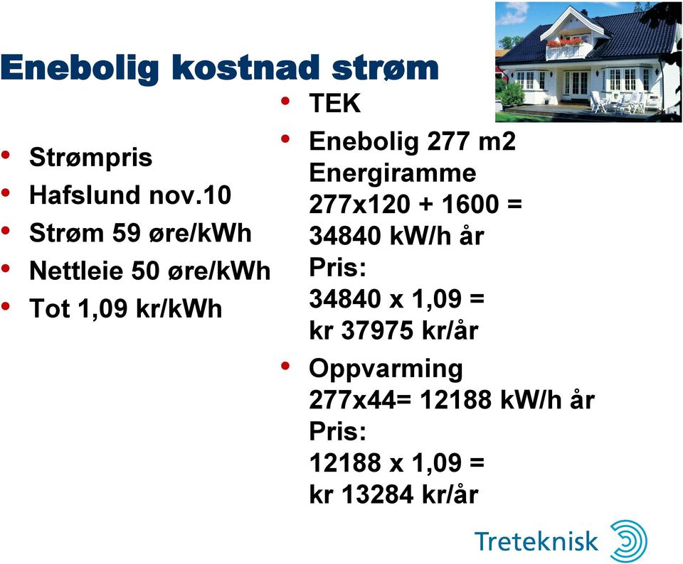 Enebolig 277 m2 Energiramme 277x120 + 1600 = 34840 kw/h år Pris: