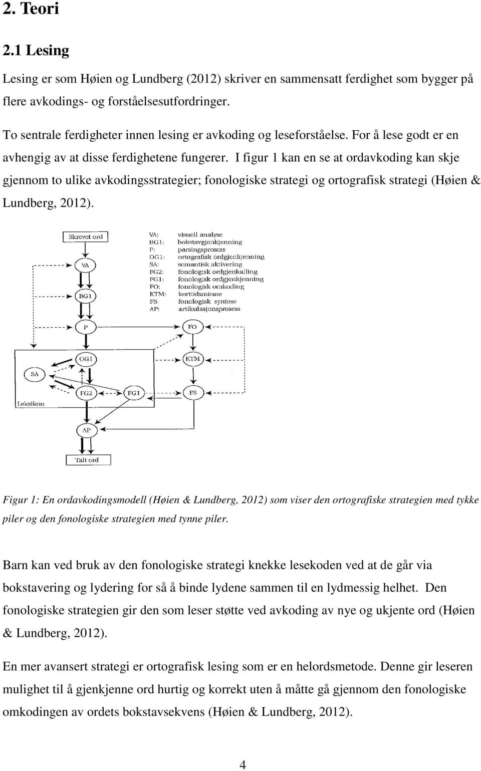 I figur 1 kan en se at ordavkoding kan skje gjennom to ulike avkodingsstrategier; fonologiske strategi og ortografisk strategi (Høien & Lundberg, 2012).