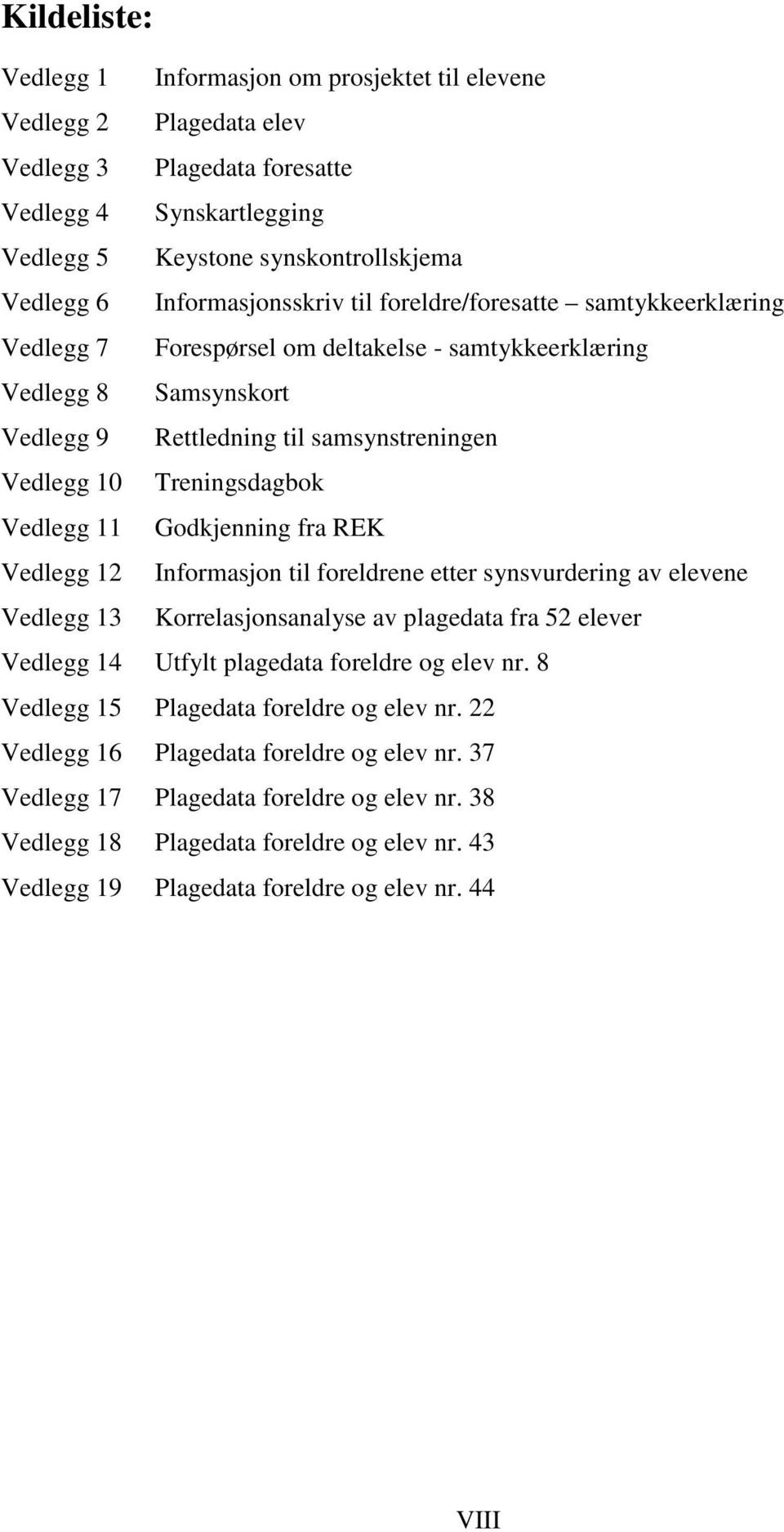 Treningsdagbok Vedlegg 11 Godkjenning fra REK Vedlegg 12 Informasjon til foreldrene etter synsvurdering av elevene Vedlegg 13 Korrelasjonsanalyse av plagedata fra 52 elever Vedlegg 14 Utfylt