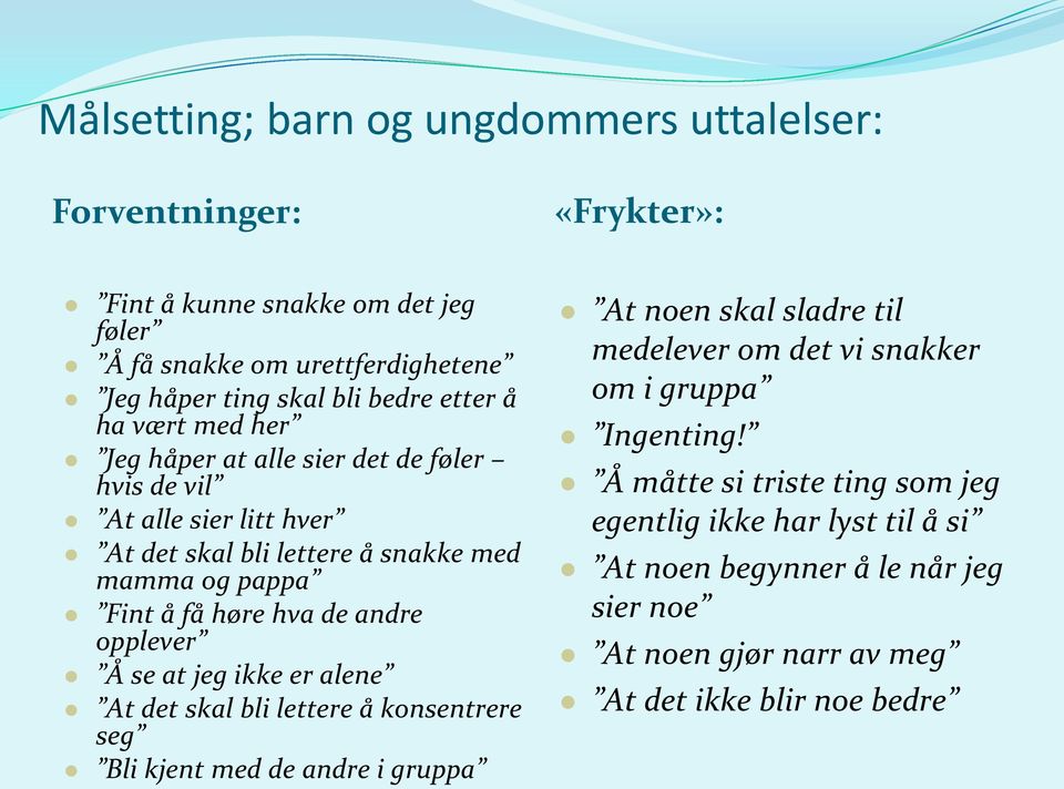 andre opplever Å se at jeg ikke er alene At det skal bli lettere å konsentrere seg Bli kjent med de andre i gruppa At noen skal sladre til medelever om det vi snakker om