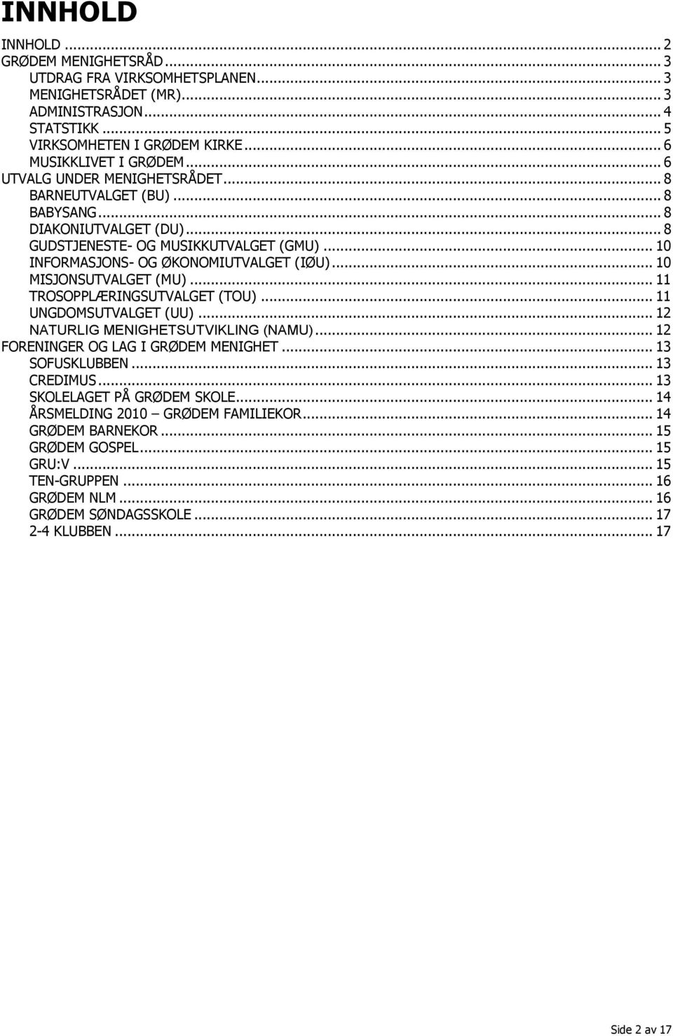 .. 10 MISJONSUTVALGET (MU)... 11 TROSOPPLÆRINGSUTVALGET (TOU)... 11 UNGDOMSUTVALGET (UU)... 12 NATURLIG MENIGHETSUTVIKLING (NAMU)... 12 FORENINGER OG LAG I GRØDEM MENIGHET... 13 SOFUSKLUBBEN.