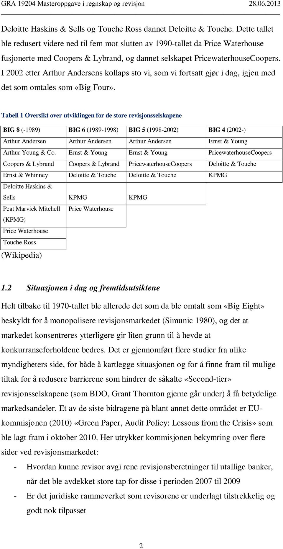 I 2002 etter Arthur Andersens kollaps sto vi, som vi fortsatt gjør i dag, igjen med det som omtales som «Big Four».