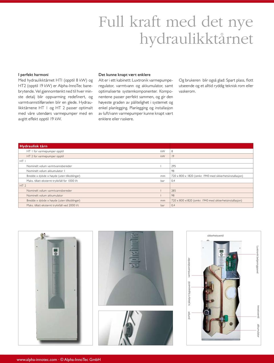 Hydraulikktårnene HT 1 og HT 2 passer optimalt med våre utendørs varmepumper med en avgitt effekt opptil 19 kw.