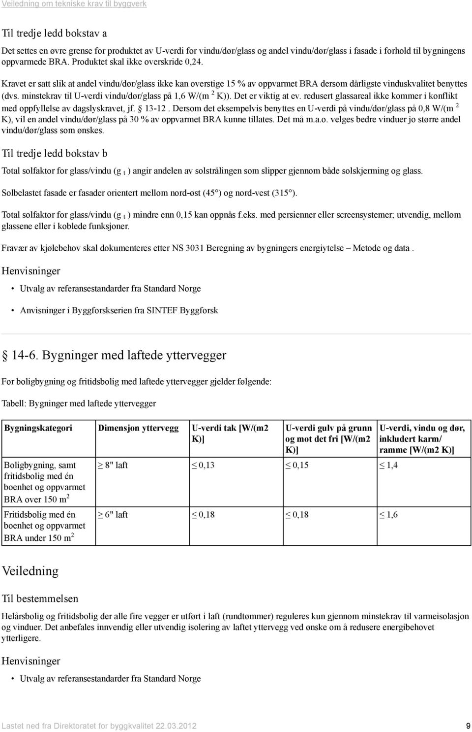 minstekrav til U-verdi vindu/dør/glass på 1,6 W/(m 2 K)). Det er viktig at ev. redusert glassareal ikke kommer i konflikt med oppfyllelse av dagslyskravet, jf. 13-12.