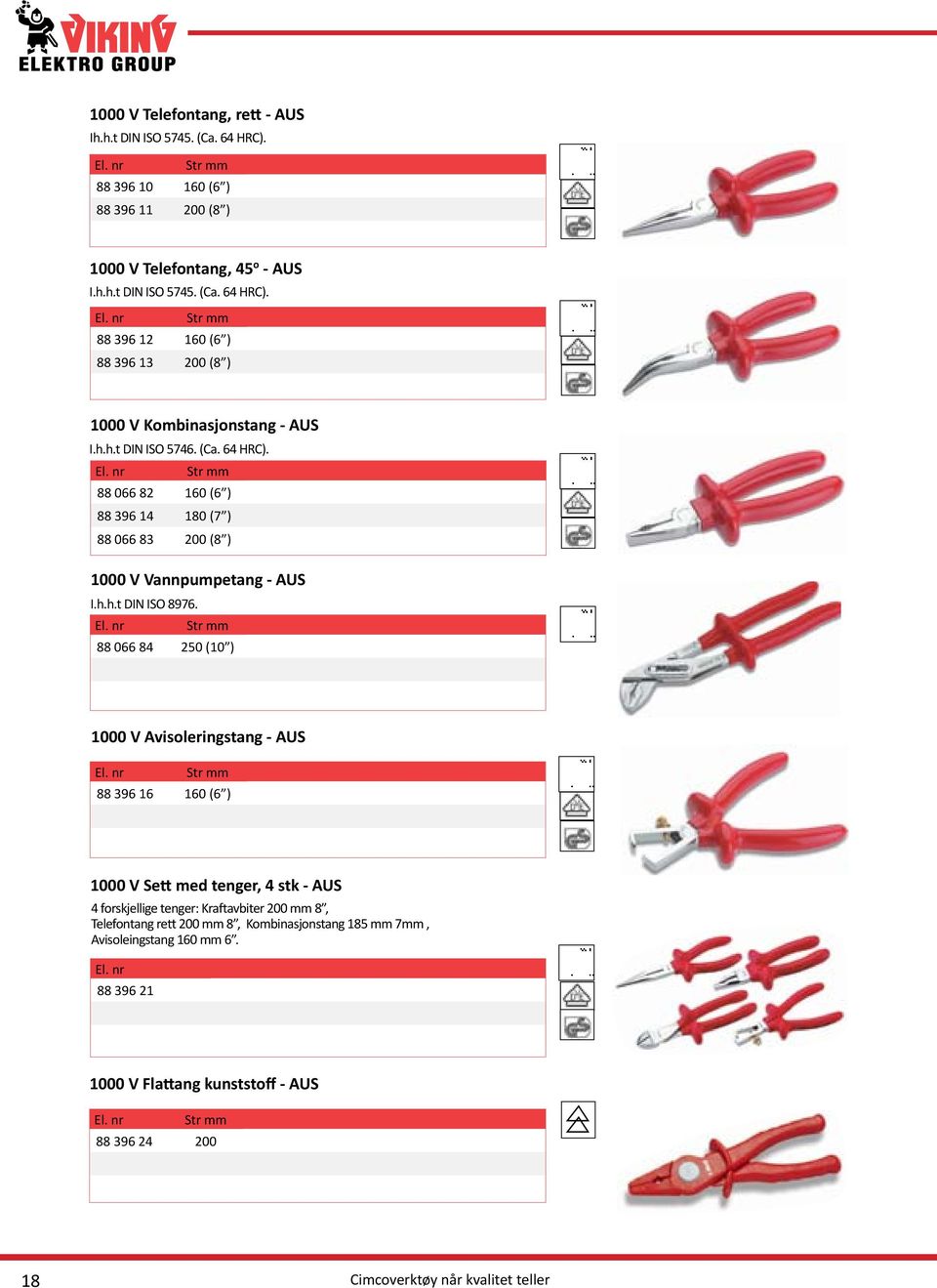 Str mm 88 066 84 250 (10 ) 1000 V Avisoleringstang - AUS Str mm 88 396 16 160 (6 ) 1000 V Sett med tenger, 4 stk - AUS 4 forskjellige tenger: Kraftavbiter 200 mm 8, Telefontang rett 200