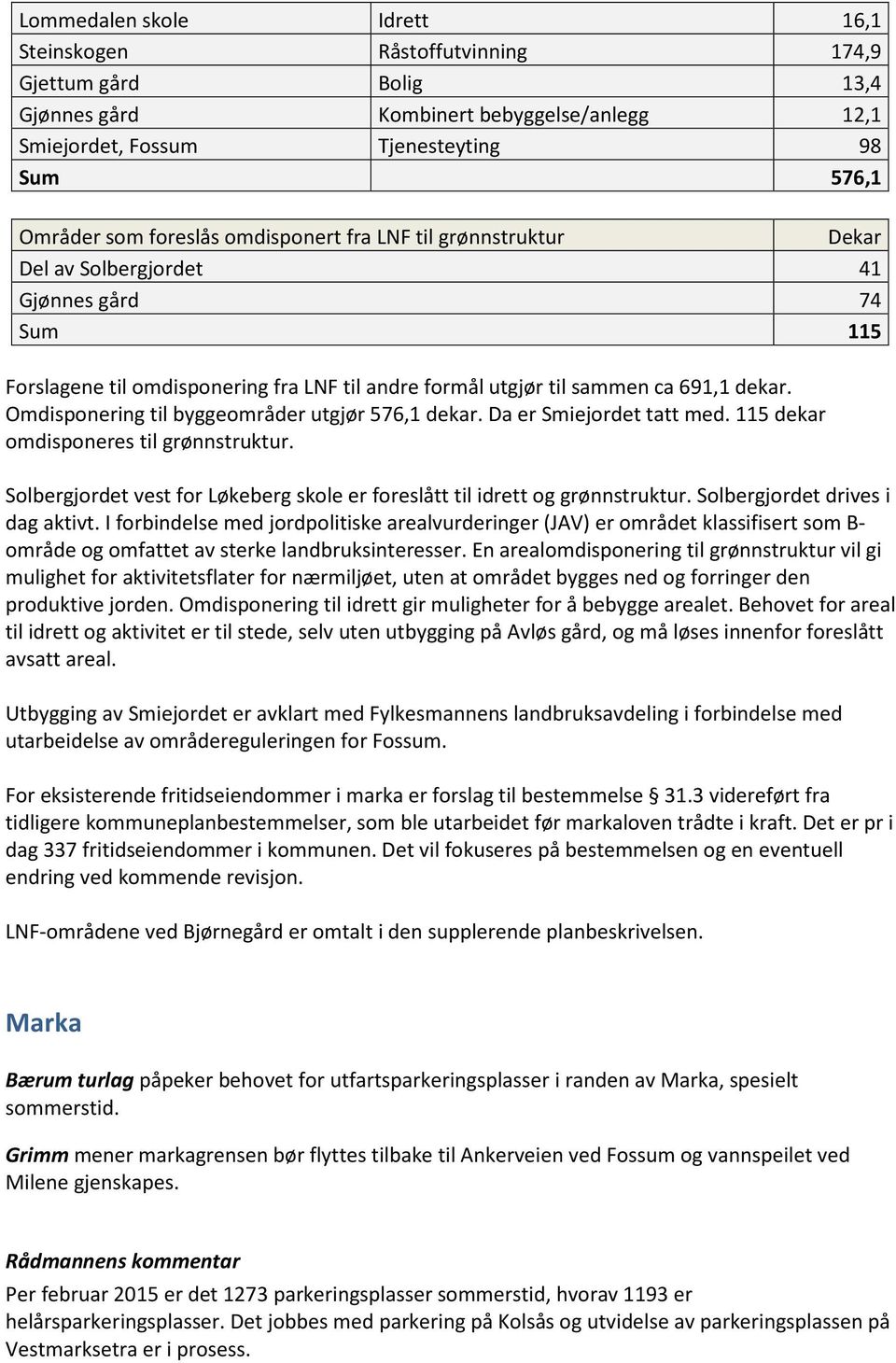 Omdisponering til byggeområder utgjør 576,1 dekar. Da er Smiejordet tatt med. 115 dekar omdisponeres til grønnstruktur. Solbergjordet vest for Løkeberg skole er foreslått til idrett og grønnstruktur.