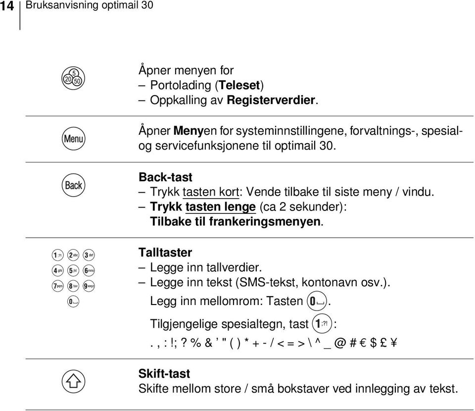 Back-tast Trykk tasten kort: Vende tilbake til siste meny / vindu. Trykk tasten lenge (ca 2 sekunder): Tilbake til frankeringsmenyen.